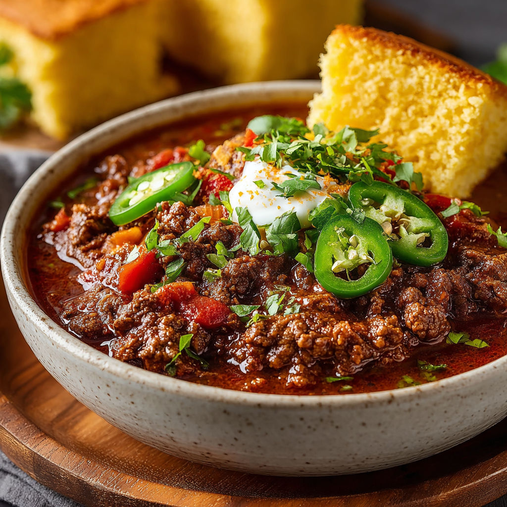 Une recette de chili con carne avec des chiles jalapeno et des oignons.
