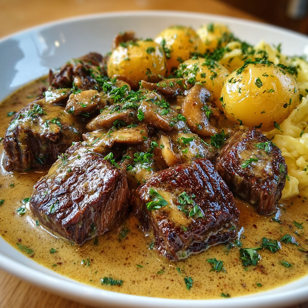 Une recette de steak et de champignons est servie sur un plateau en porcelaine.