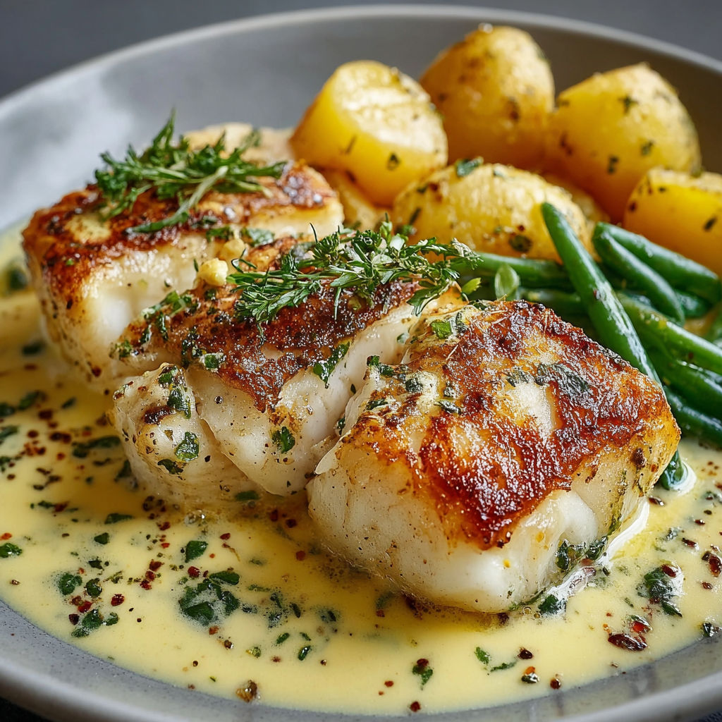 Colin, une recette de poisson grillé avec des légumes verts et des pommes de terre.