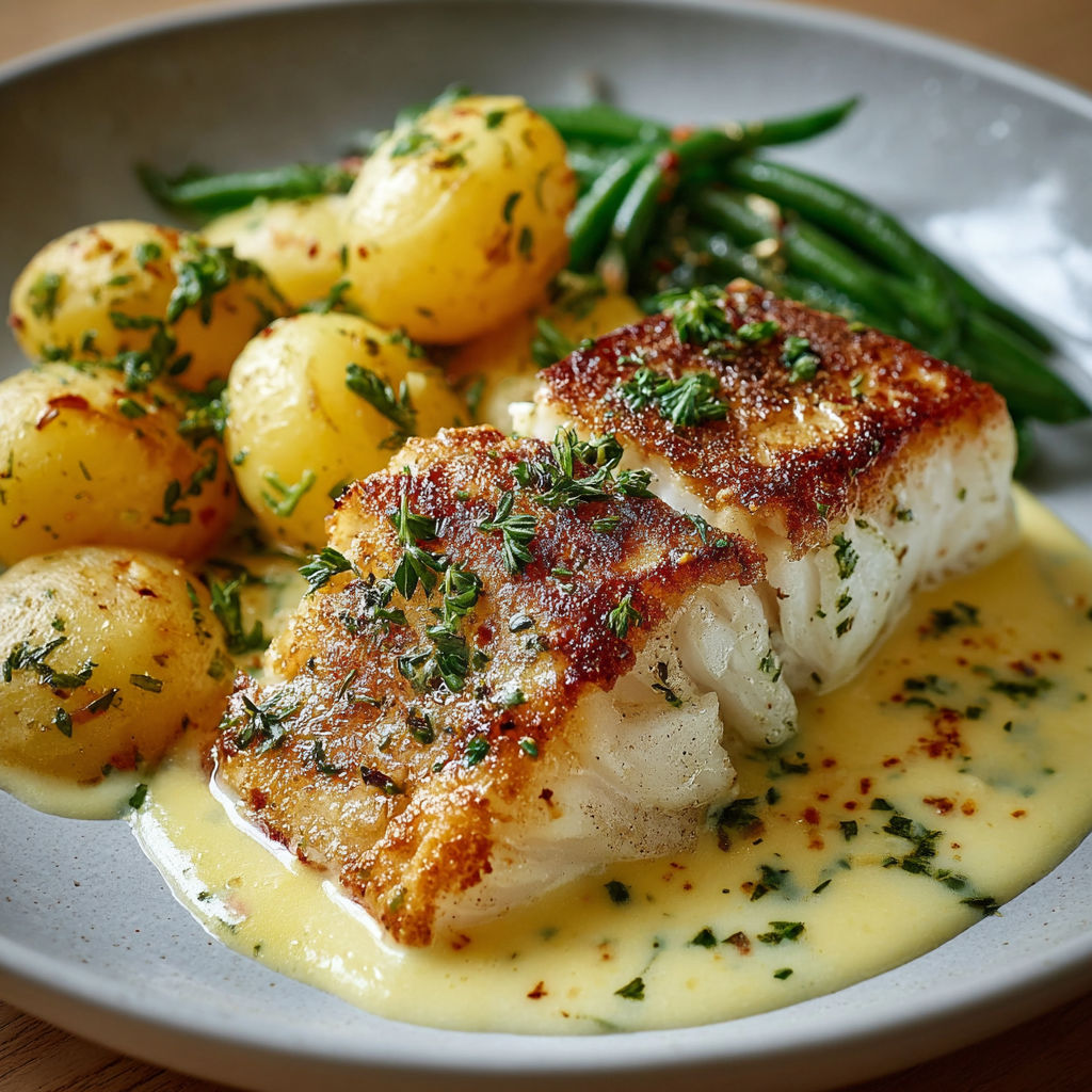 Une poisson grillé avec des légumes verts et des pommes de terre.