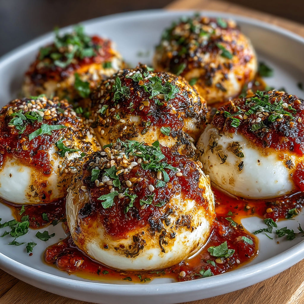 Plate of Bombes with sauce and herbs.
