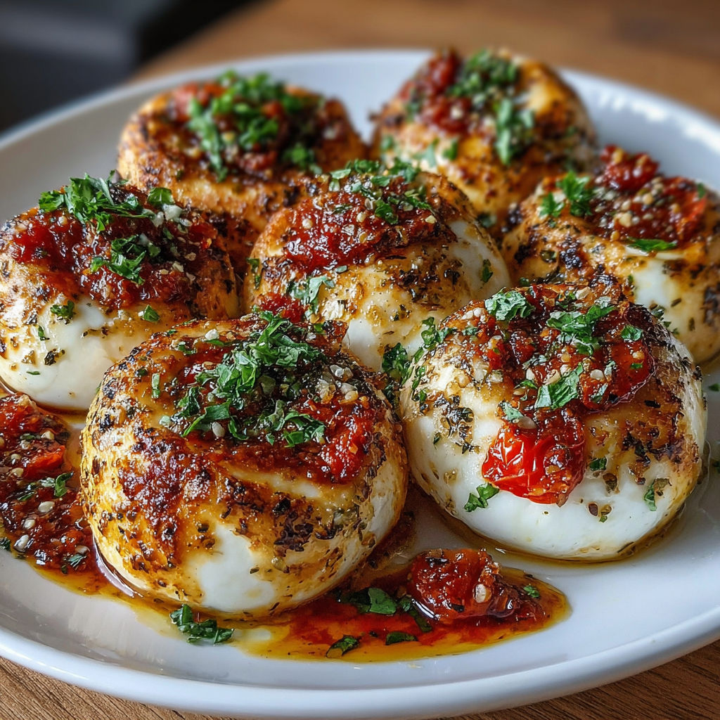 Une recette de quenelles de poulet farcies de tomates et herbes, servies sur une assiette blanche.