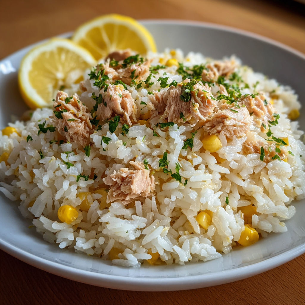 Riz au poisson et légumes, servie sur une table de bois.