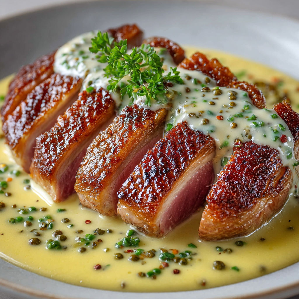 Une poitrine de magret avec une sauce au piment et des herbes.