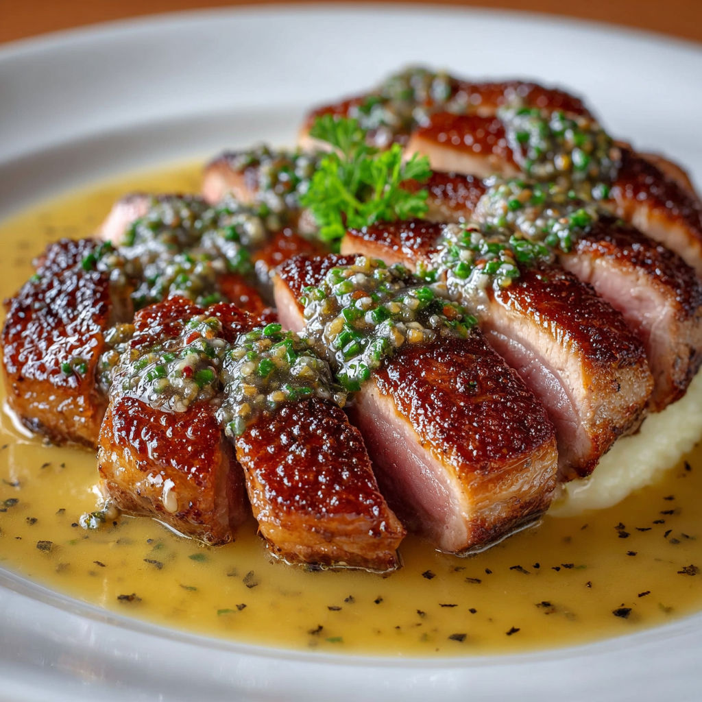 Une poitrine de canard avec des herbes et des graines, servie sur une assiette blanche.