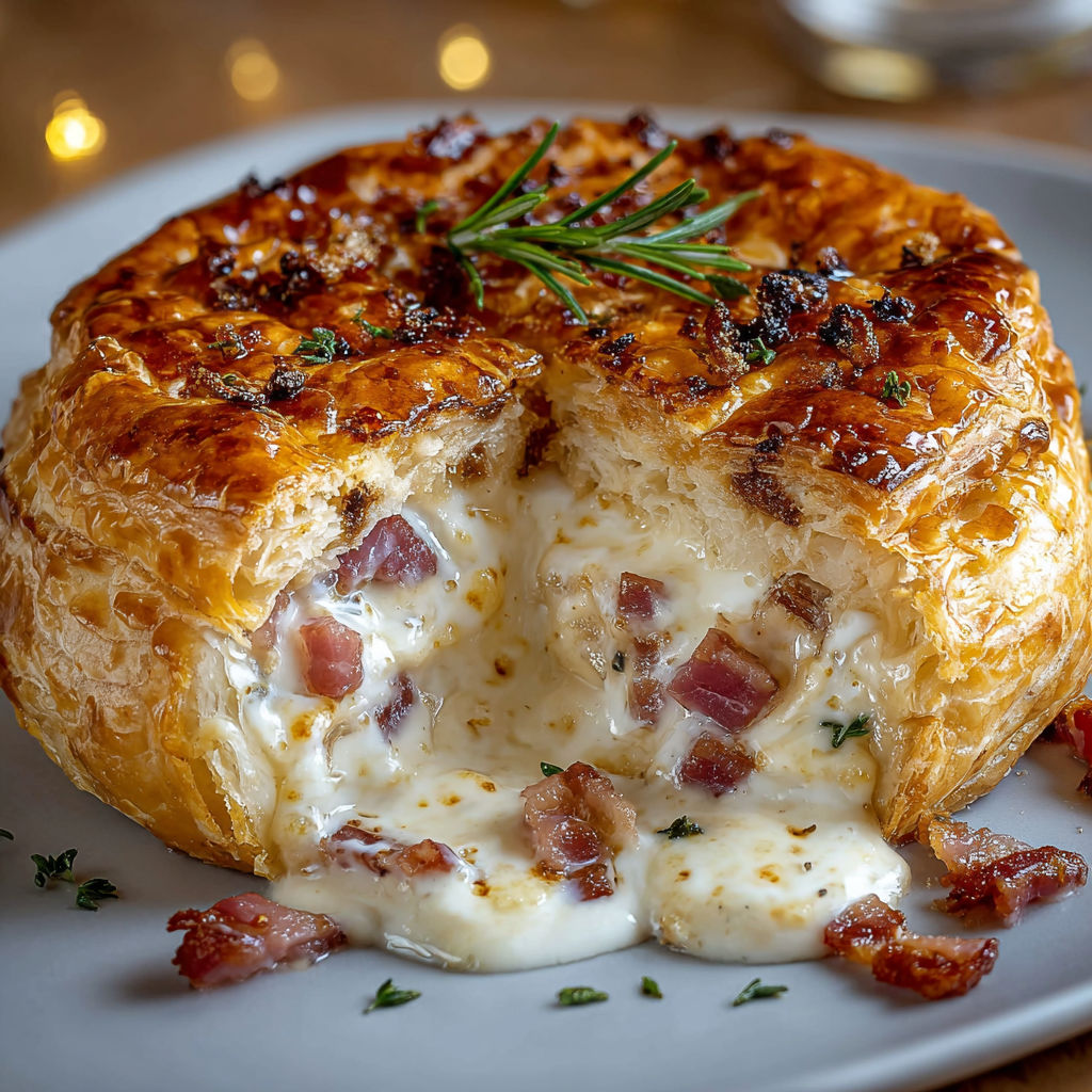 Une tarte au bacon et au fromage, avec des herbes et des légumes, est servie sur un plateau.