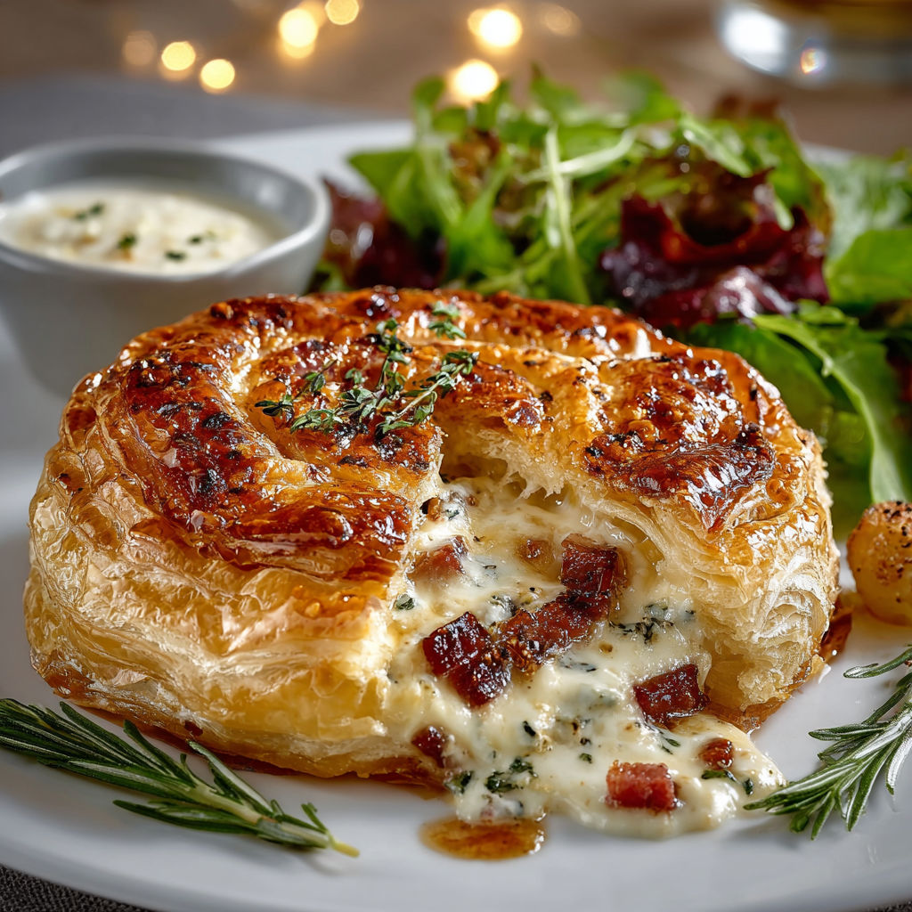 Une tarte aux pommes et fromage, accompagnée de salade verte, est servie sur un plateau.
