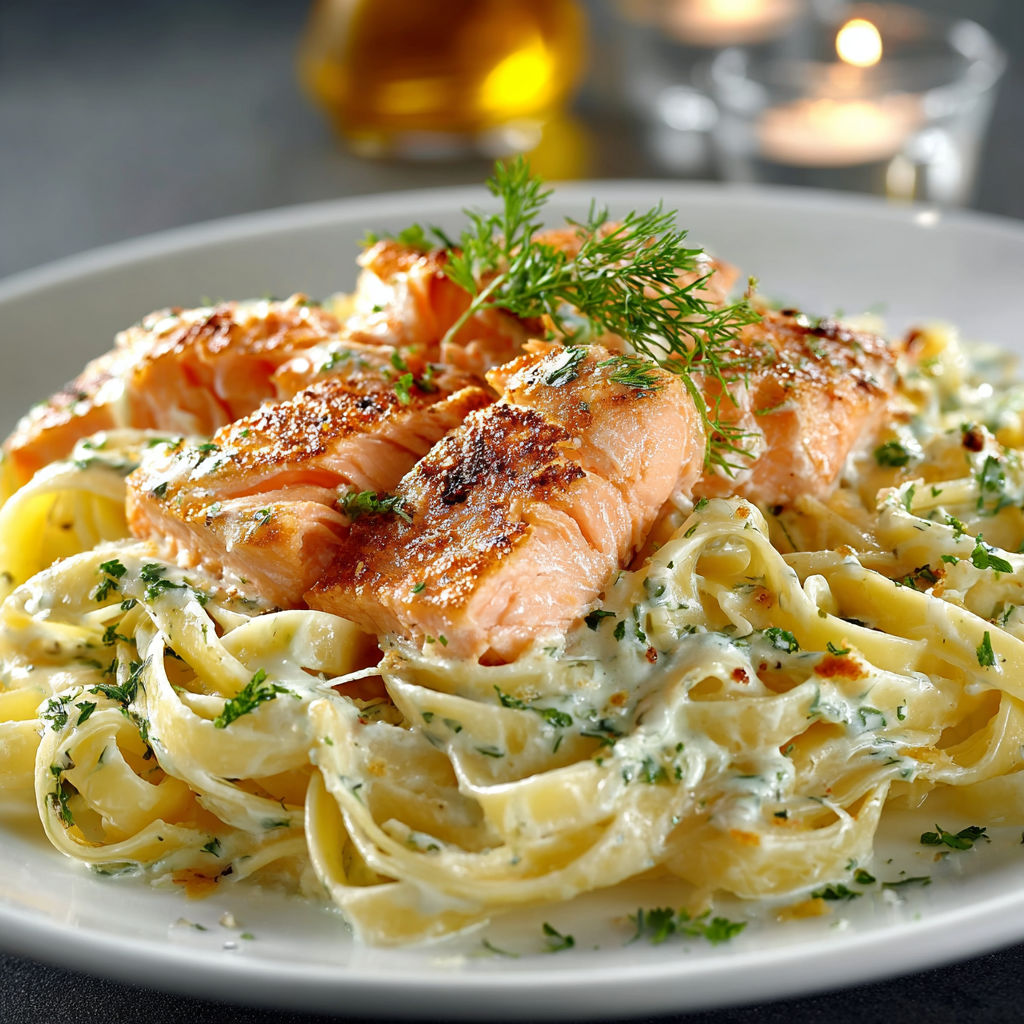 Une plate de pâtes avec des filets de saumon grillé et des herbes.