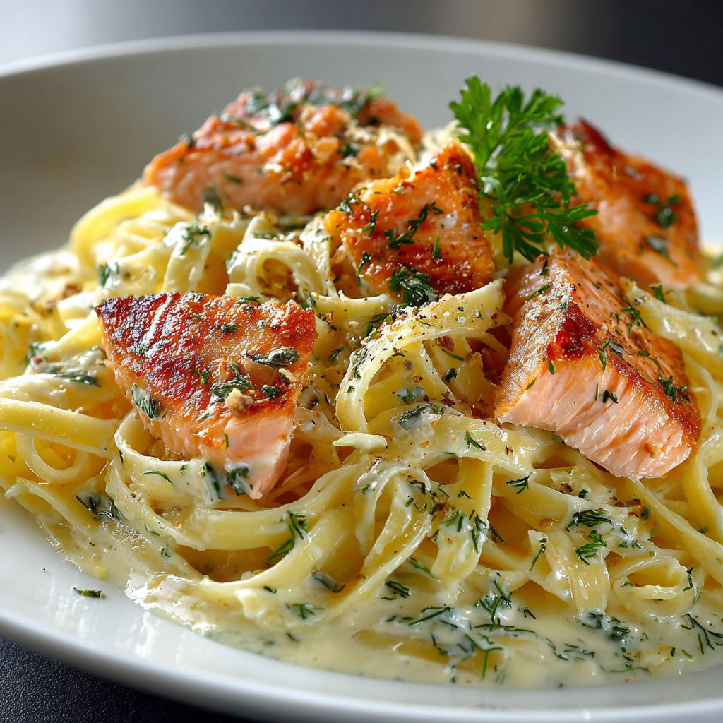 Une plate de spaghetti avec des morceaux de saumon et des herbes.