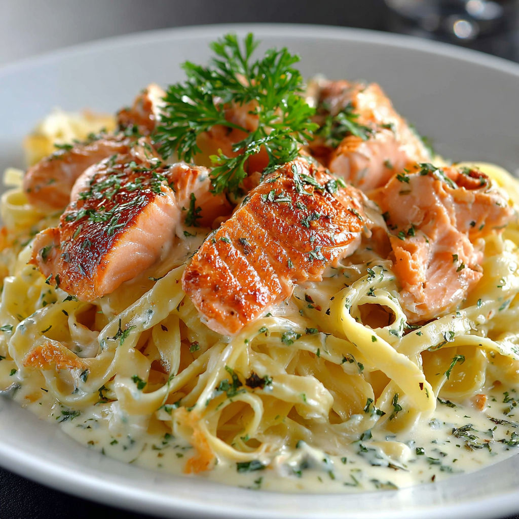 Une salade de saumon et de pâtes avec une garniture de ciboulette.