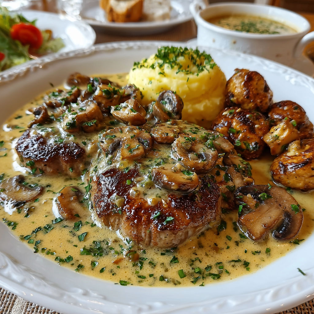 Un plat de viande avec des champignons et des pommes de terre, accompagné de sauce.
