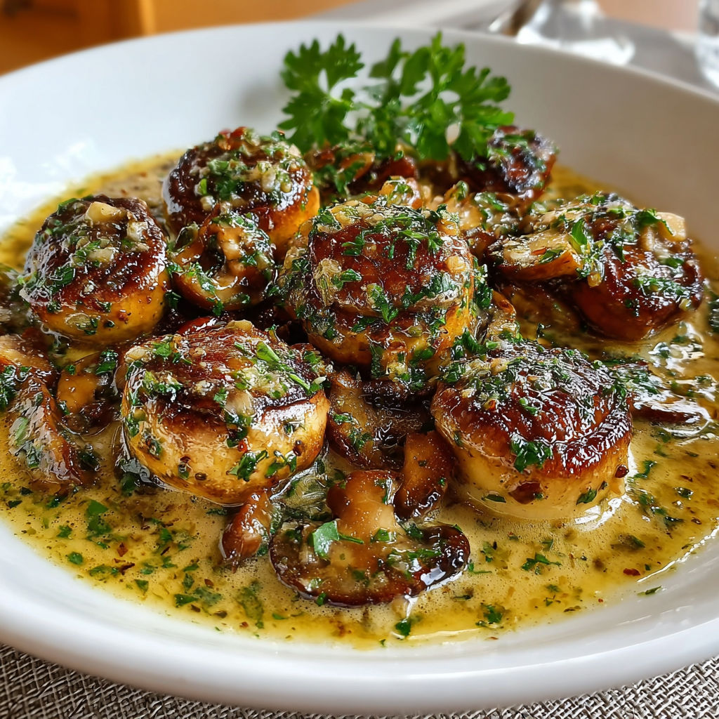 Une assiette de mushrooms et de champignons sautees dans une sauce au pesto.