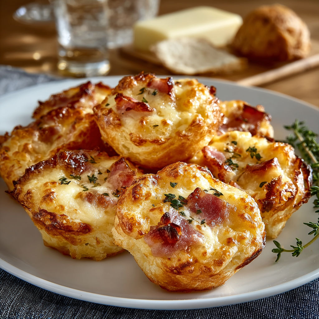 Une assiette de croquettes de bacon et de fromage, accompagnée d'une baguette de pain et d'une tasse de vin.