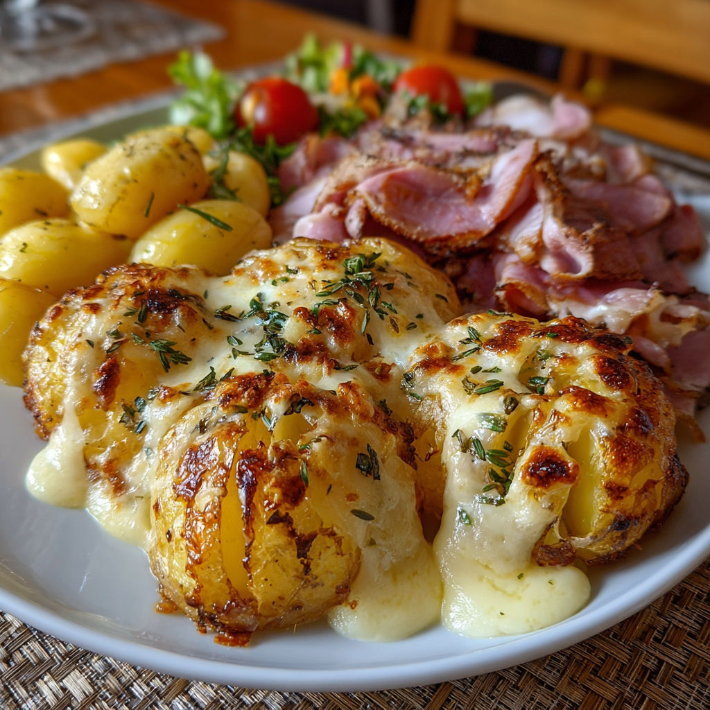 Une assiette de plats fournis avec des pommes de terre, des légumes et des viandes.