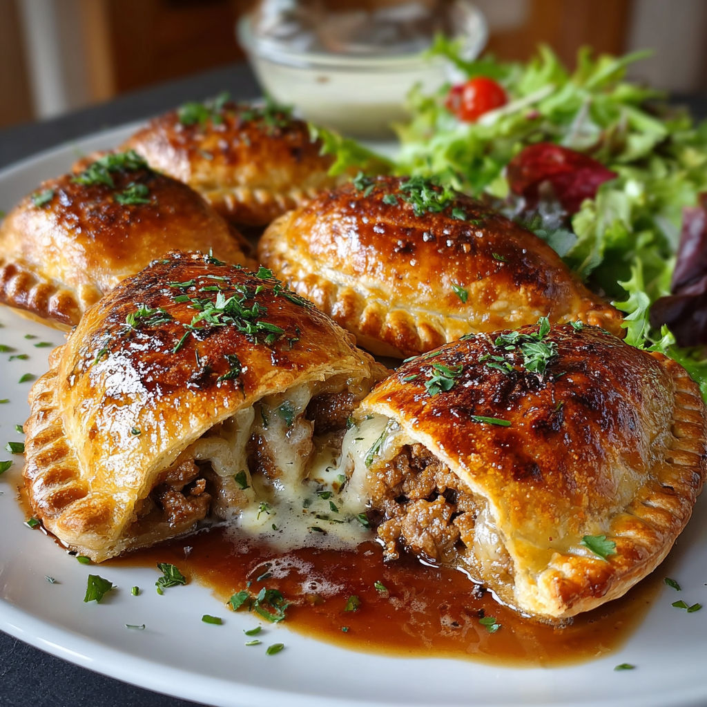 Chaussons de viande grillés avec des légumes verts et des herbes.