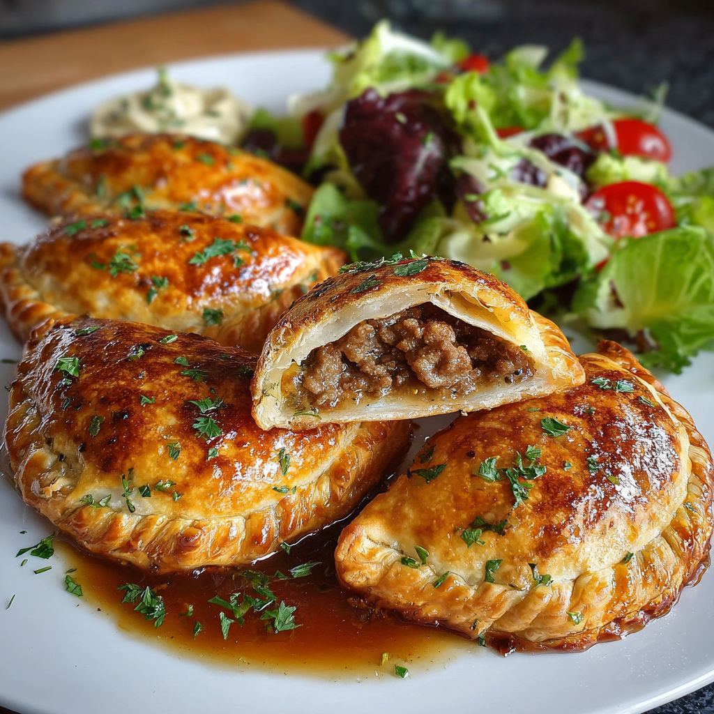 Chaussons de viande sur une assiette de salade.