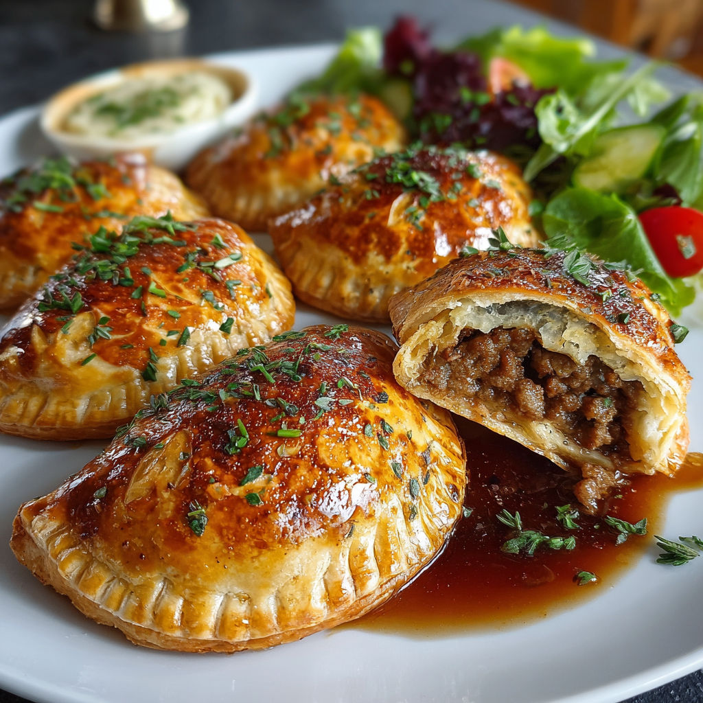 Un chausson au jus de viande est servie sur une assiette avec une salade verte.