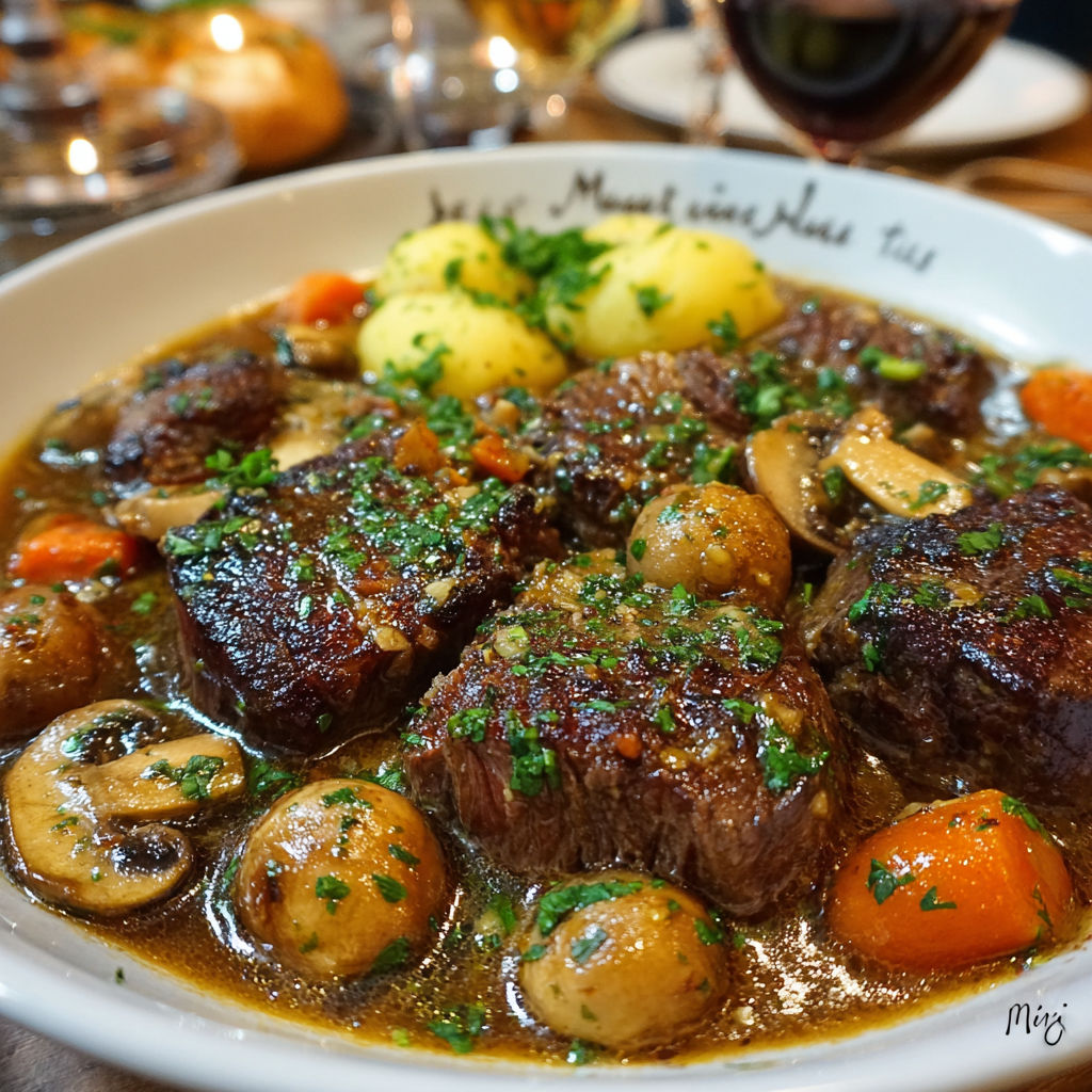 Une assiette de joue avec des champignons, des carottes et des pommes de terre, accompagnée de vins et de bouteilles.