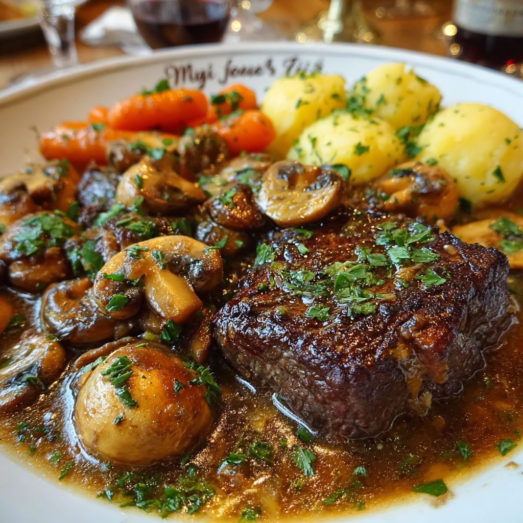 Steak au poivre avec des champignons et des carottes.