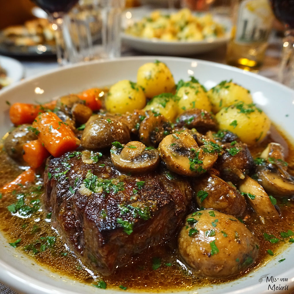 Steak au poivre avec des pommes de terre et des champignons" - Un plat de viande grillée avec des pommes de terre et des champignons, accompagné de carottes et de vins.