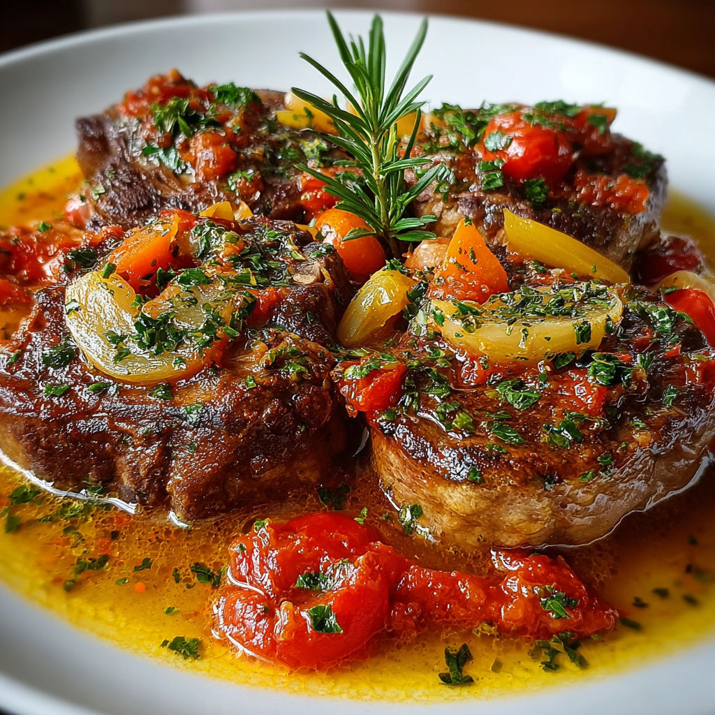 Une recette de "Osso" est servie sur un plateau, avec des légumes et des épices pour accompagner.