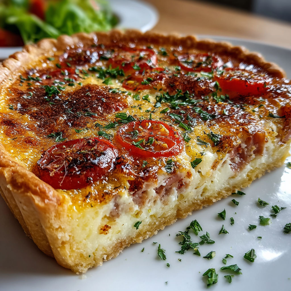 Une tarte au tomate et au fromage, servie sur un plateau.