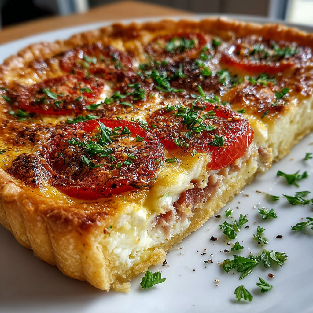 Une tarte aux tomates et aux herbes, servie sur un plateau en bois.