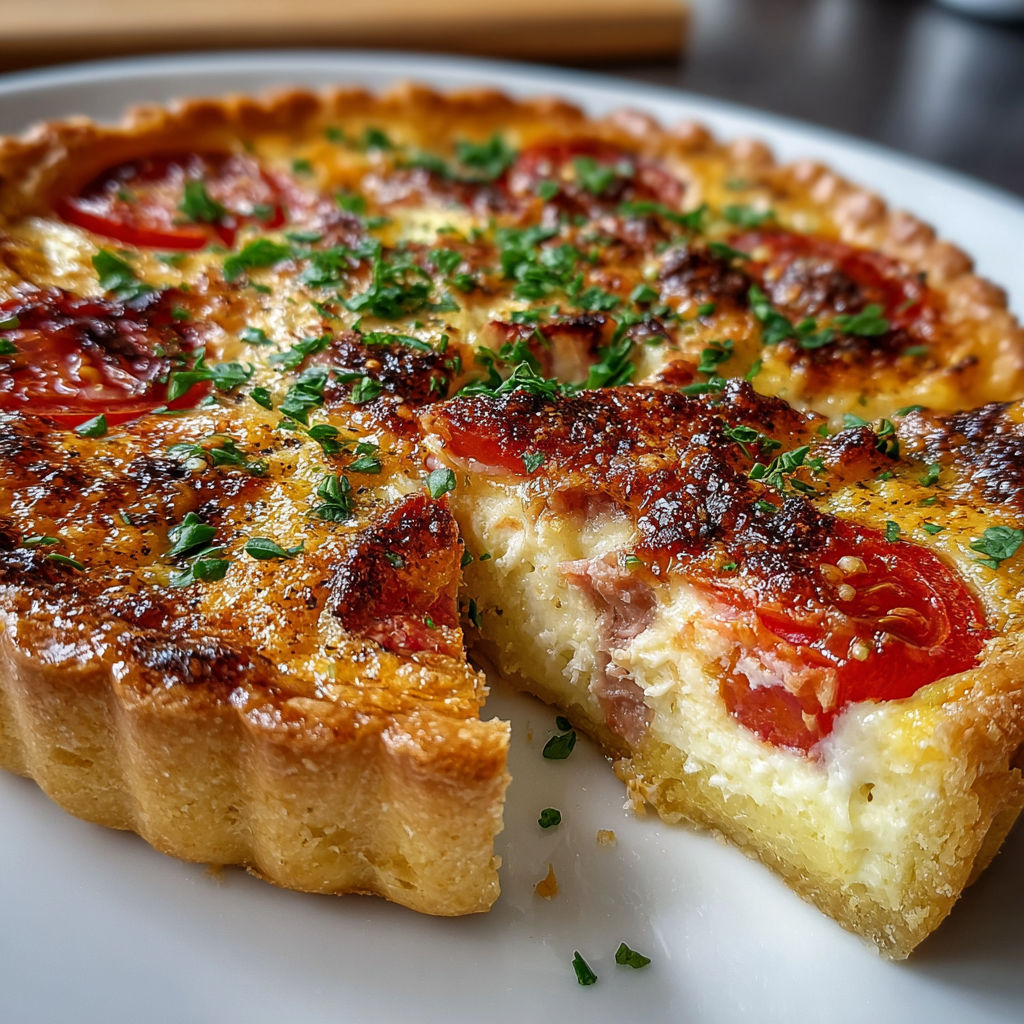 Une tarte aux tomates et aux oignons, servie sur un plateau.