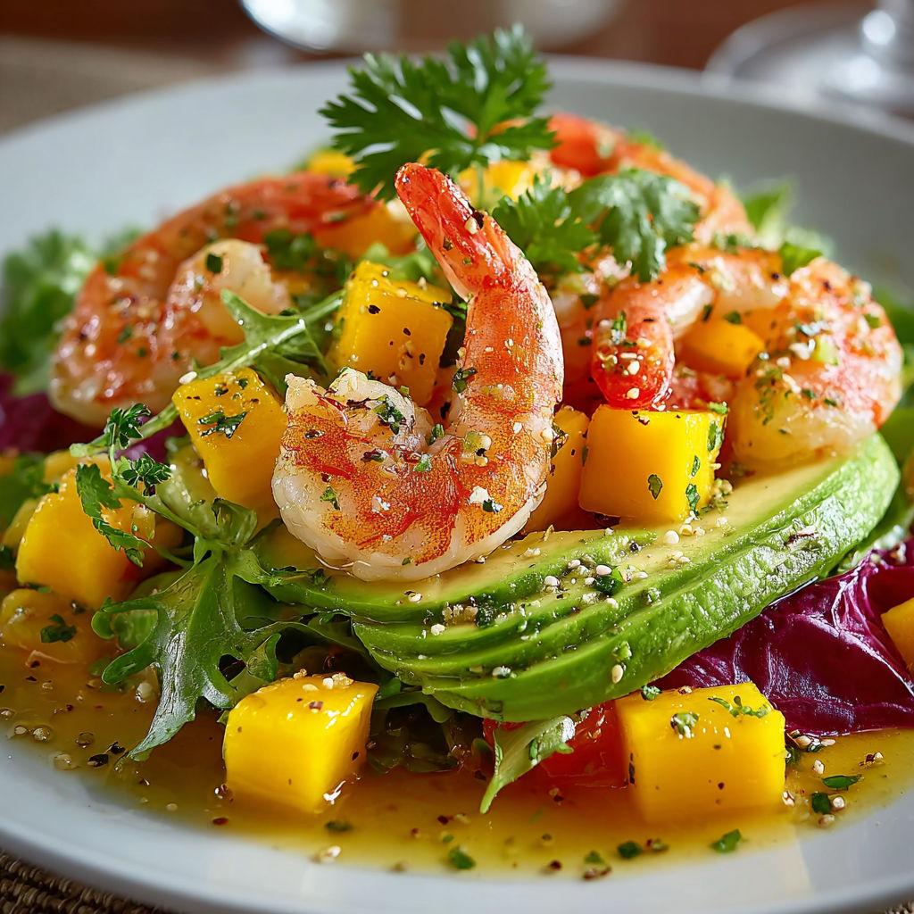 Une salade de crevettes et avocat avec des herbes et des légumes.