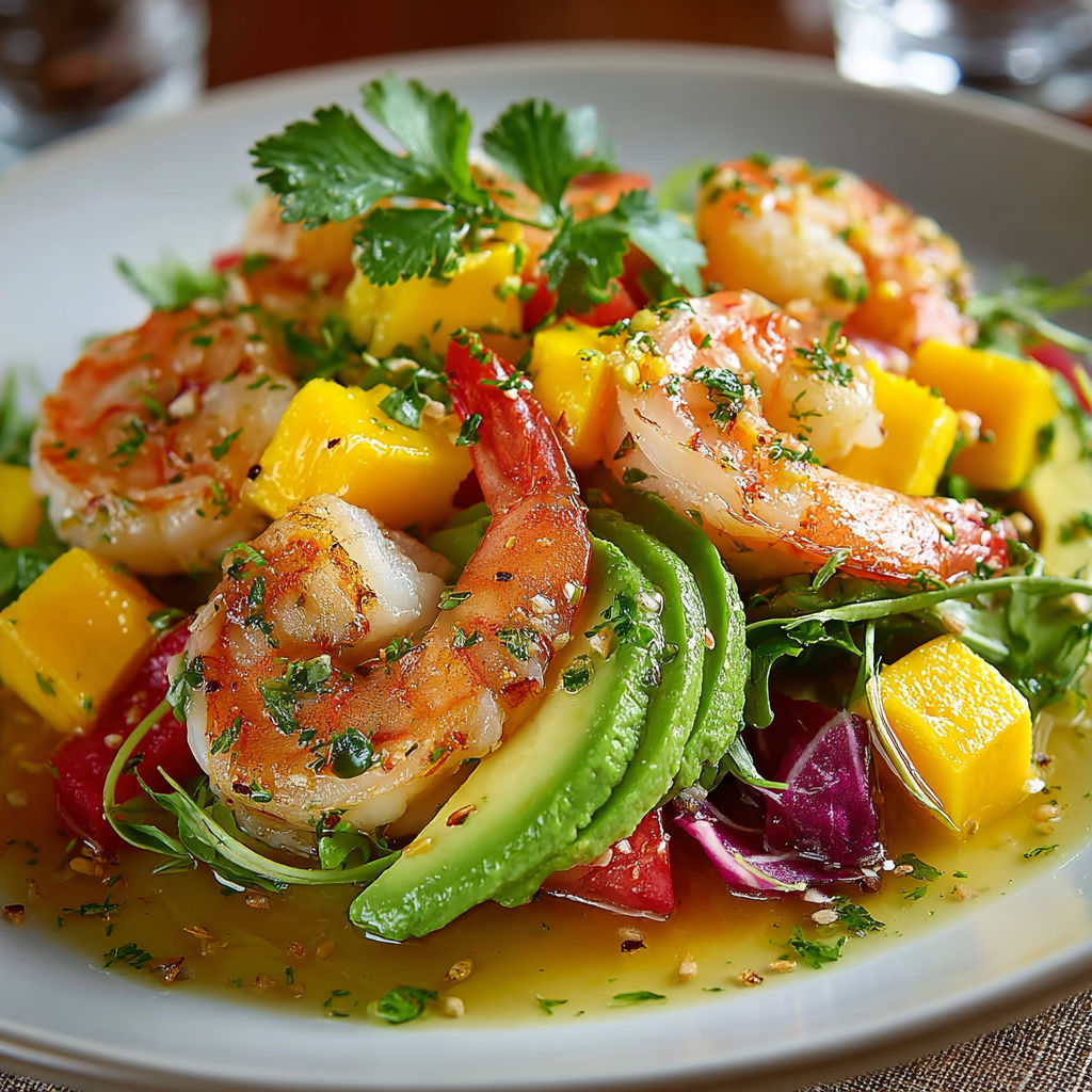 Une salade de langoustines et avocats, avec des herbes et des légumes, est servie sur un plateau.