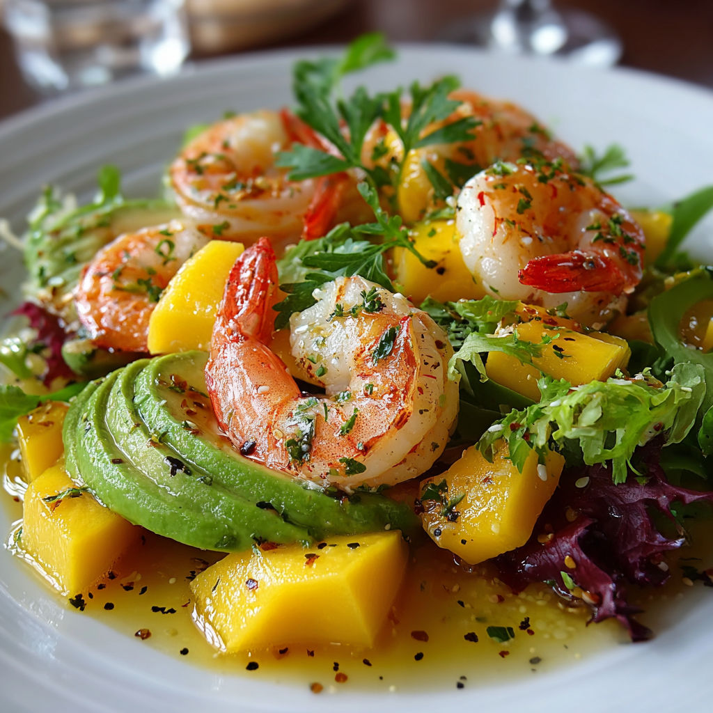 Une salade de crevettes et de mangue avec des herbes et des épices.