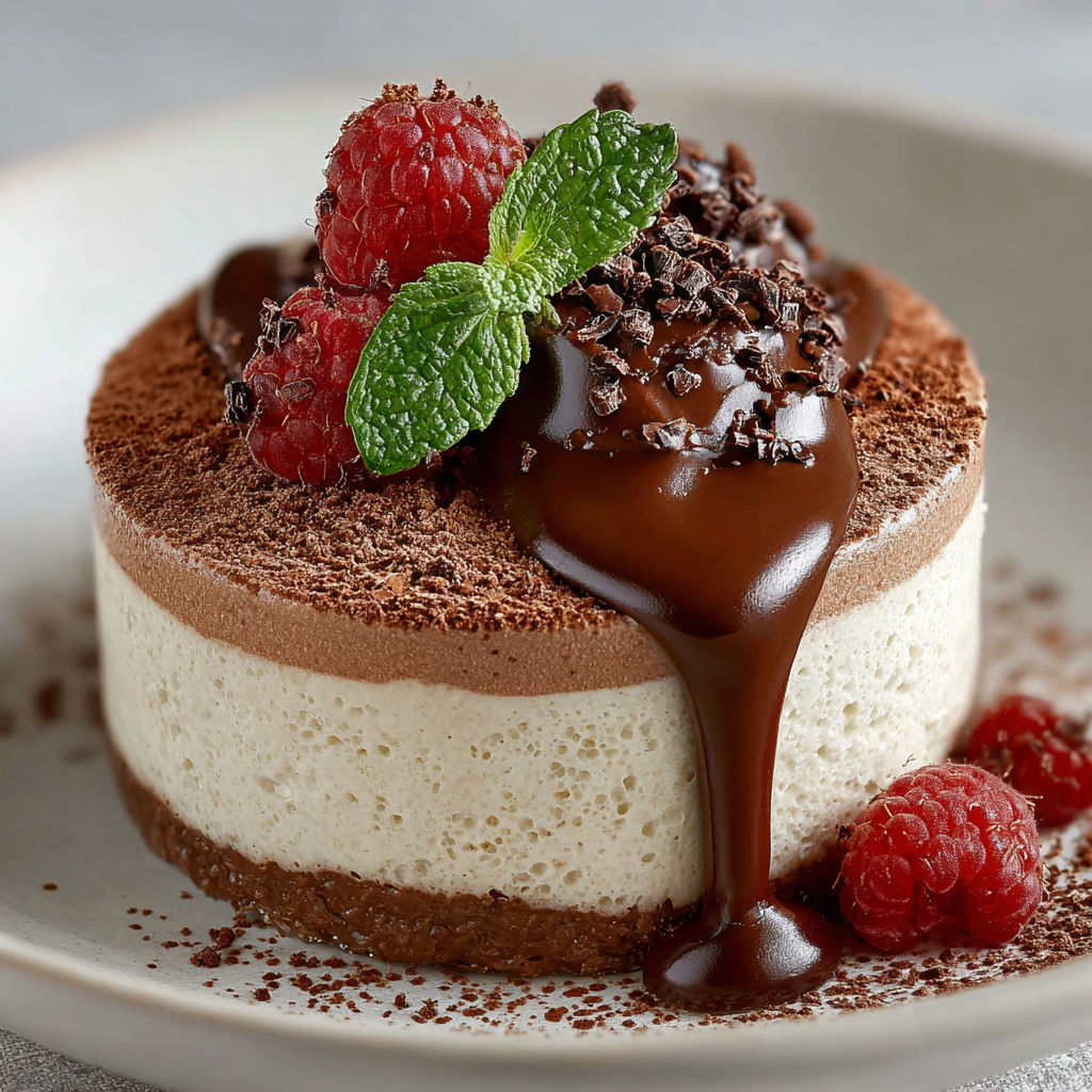 Une tarte au chocolat avec des fraises et des feuilles de menthe.