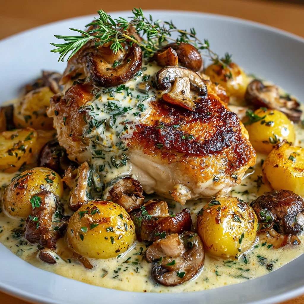 Un poulet rôti avec des champignons et des légumes, accompagné d'une sauce au pesto.