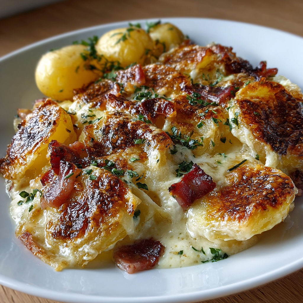Une tartiflette chaude et croustillante, servie sur un plateau en porcelaine.
