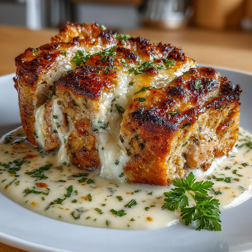 Une tarte au fromage chaude sur un plateau, avec une sauce au beurre et des herbes.