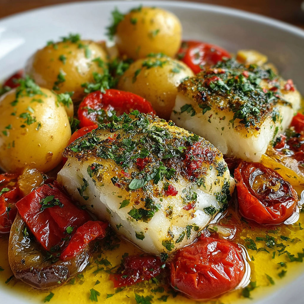 Une recette de Bacalhau est servie sur un plateau avec des légumes et des tomates.