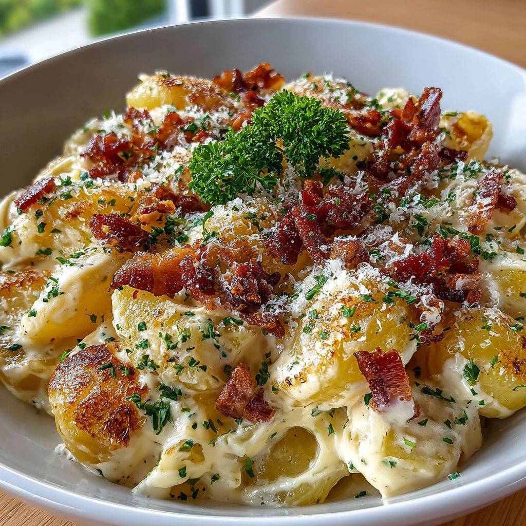 Une plate de Pommes de terre avec des herbes et des bacon.