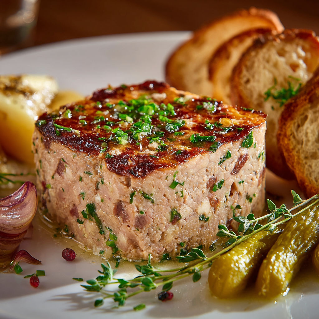Une recette de pâté maison est servie sur un plateau avec des tranches de pain, des oignons, des herbes et des pommes de terre.