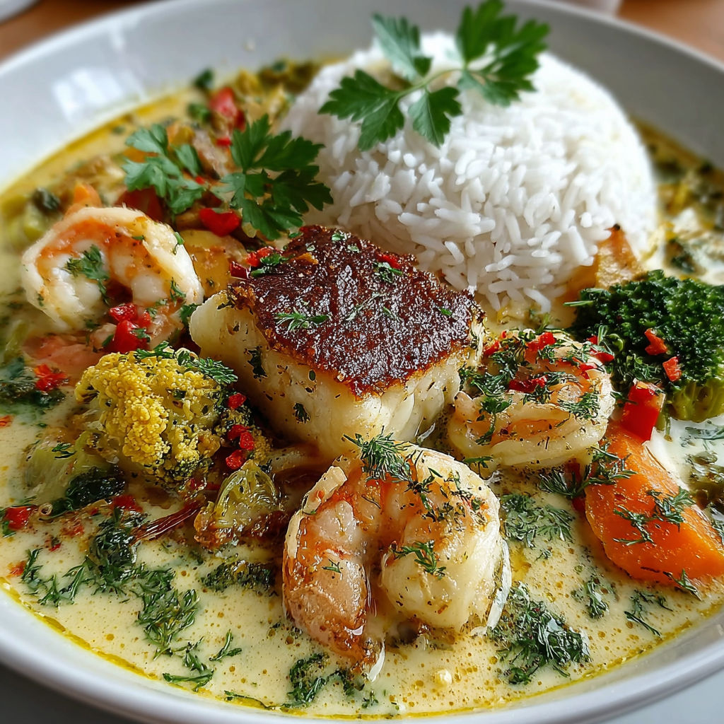 Plate of food with shrimp, rice, broccoli, and other vegetables.