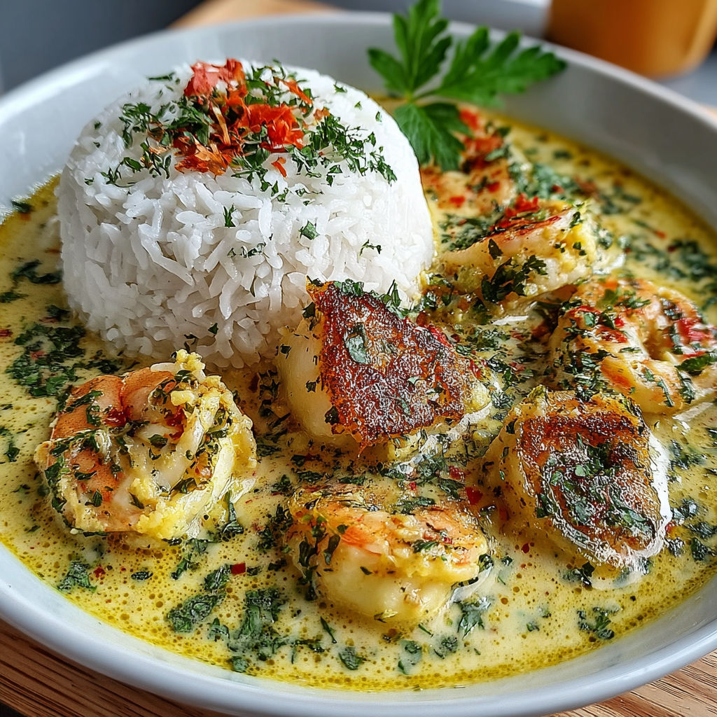 Une recette de crevettes et riz avec des herbes vertes.