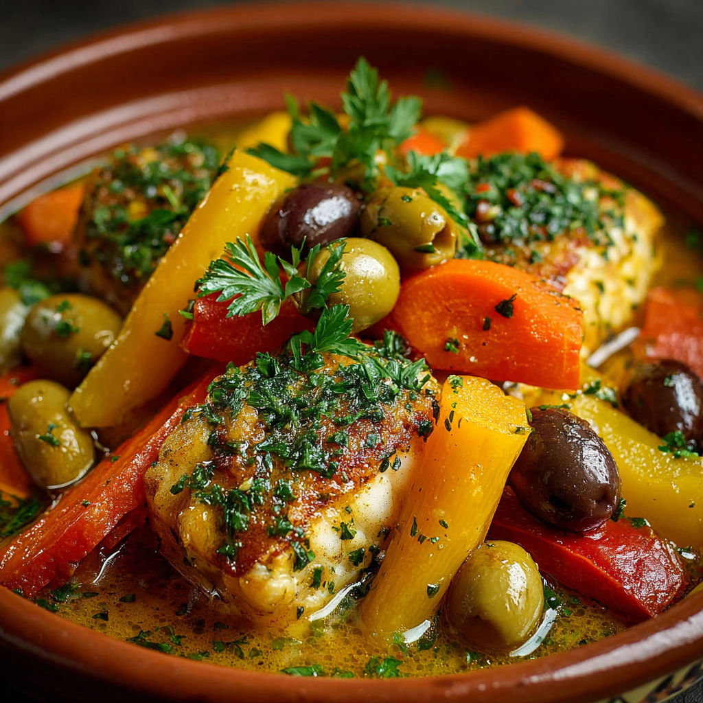 Une recette de Tajine est servie dans un bol coloré avec des légumes et des viandes.