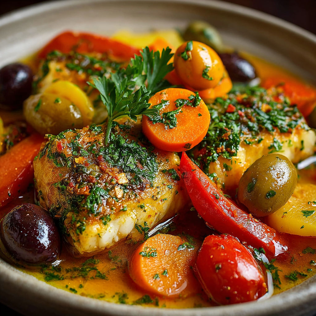 Une recette de poisson avec des légumes frais, tels que des carottes, des tomates et des olives.
