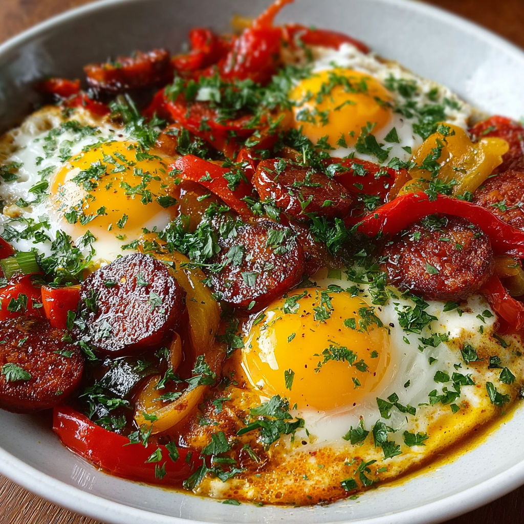Une omelette aux tomates et aux épinards, avec des œufs entiers et des saucisses, est servie dans un bol sur une table.