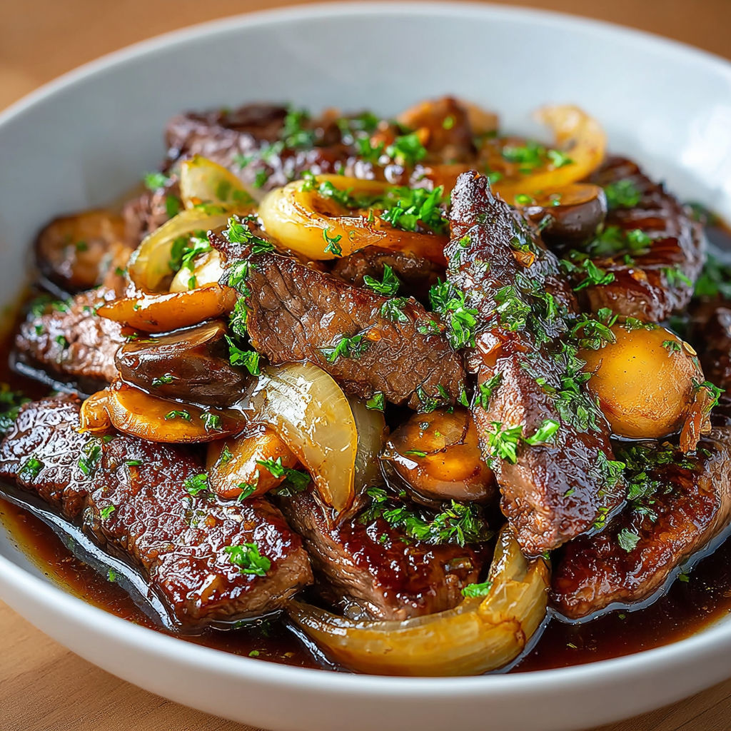 Steak au poivre avec des champignons et des herbes" - Une recette de steak avec des champignons et des herbes, servie dans un bol.