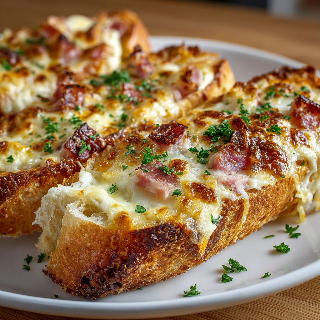 Une pizza maison avec des tranches de pain grillé et des tranches de fromage.