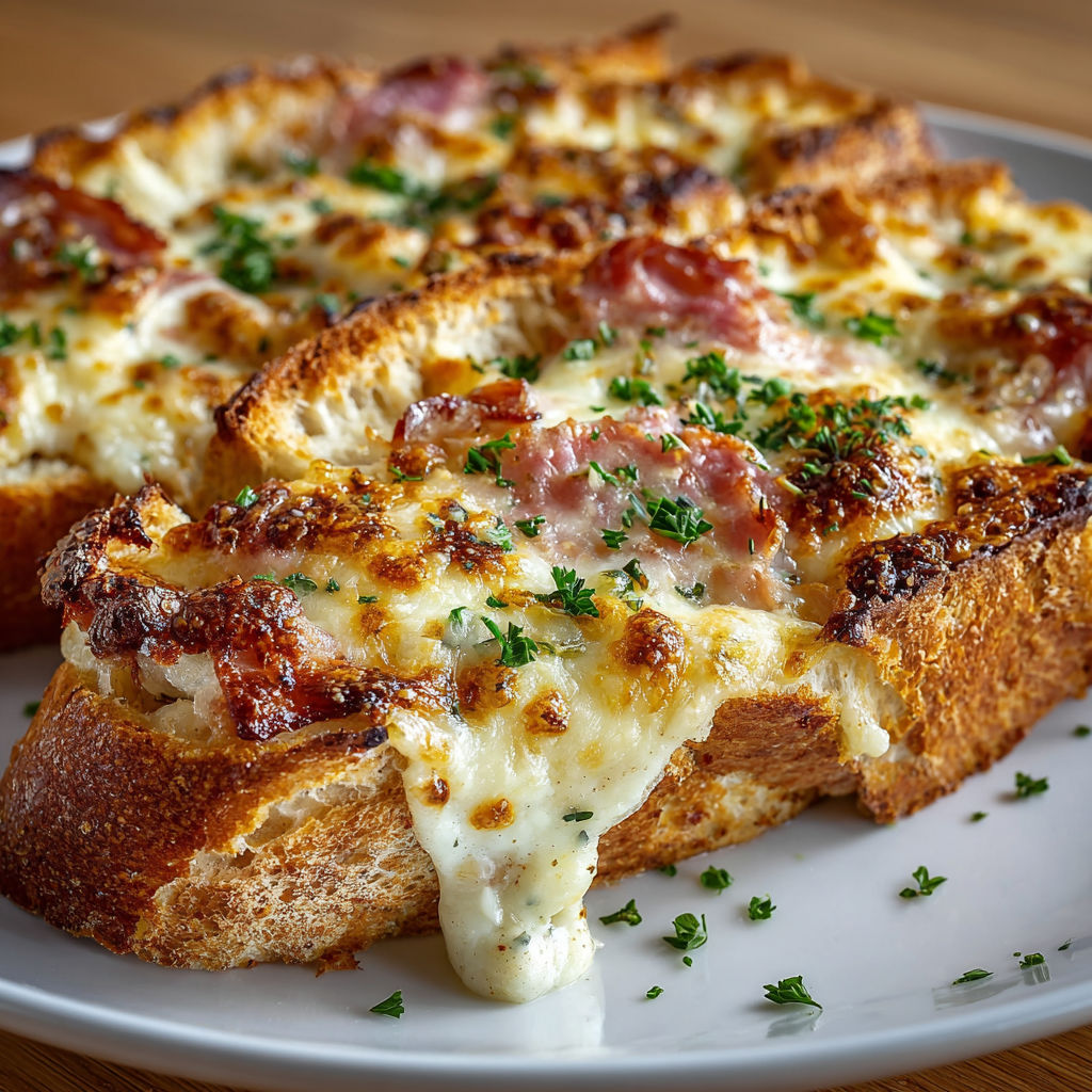 Une pizza maison avec des tranches de pain grillé, des herbes et du fromage.