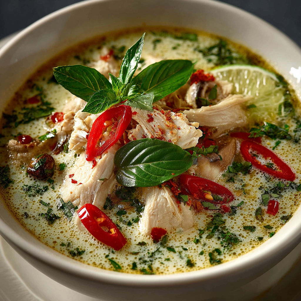 Une soupe chaude avec des légumes verts et des épices.