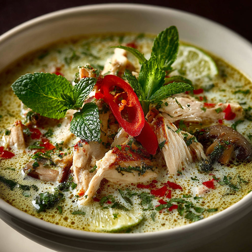 Une soupe chaude avec des légumes et des épices, y compris des herbes vertes et des tomates.