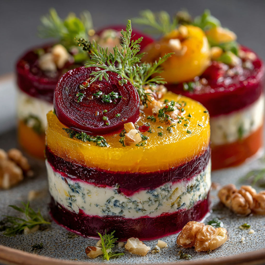 Une tarte aux fruits et épinards, garnie de noix et de cumin, est servie sur un plateau.