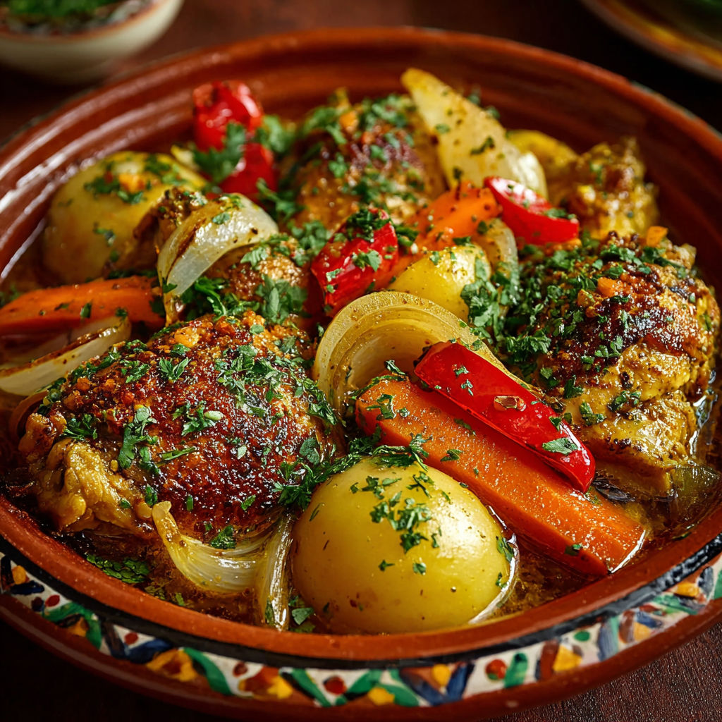 Une recette de poulet avec des légumes et des carottes.